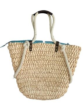 Scala Collezioni Cornhusk Woven Straw Tote Bag | Blue Gingham Lining
